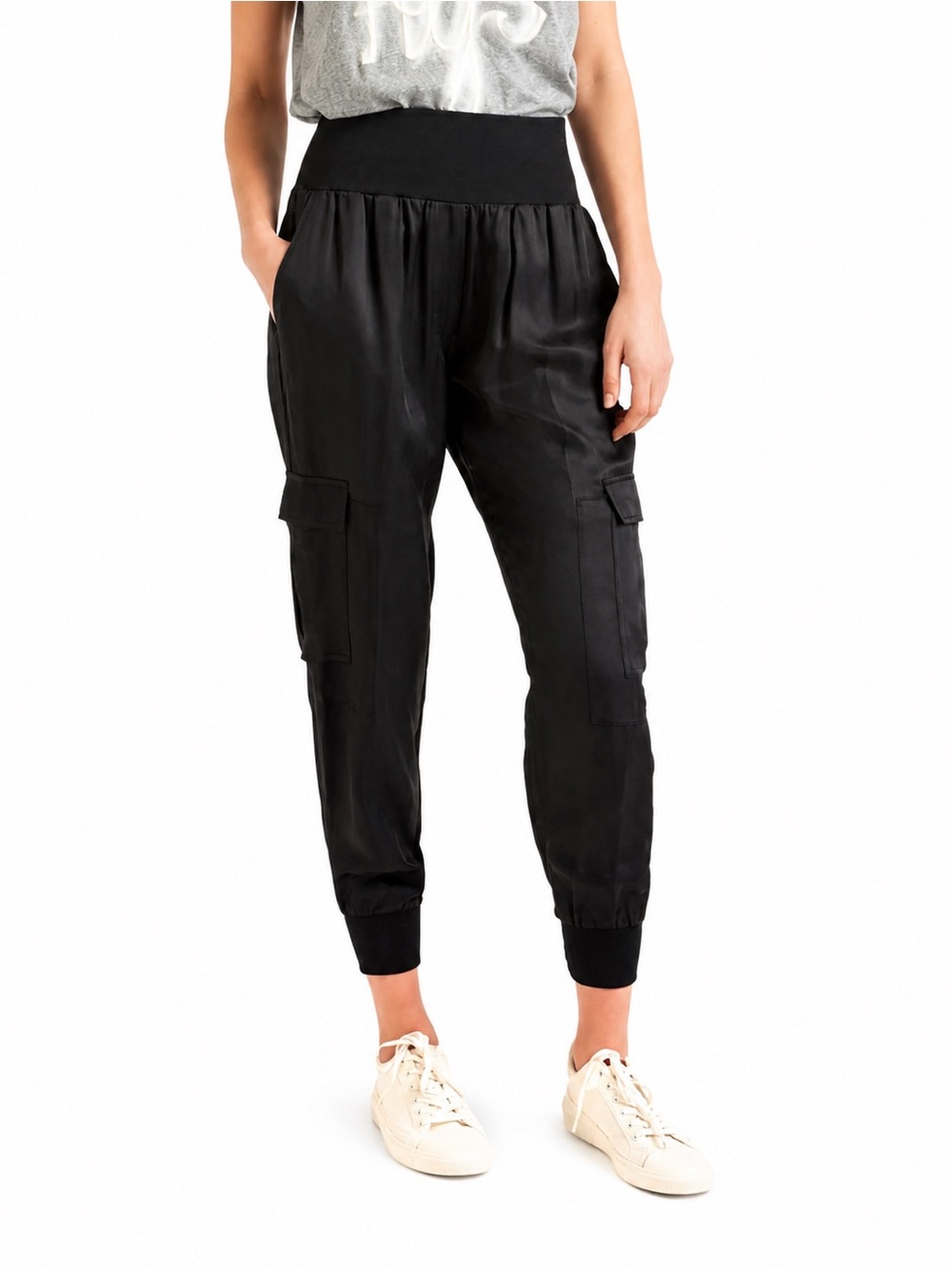 Cinq a Sept Giles Satiny Cargo Jogger Pants black 0564 high rise pockets XS